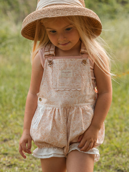 Girls Poppy Lace Shortalls - Peach Garden