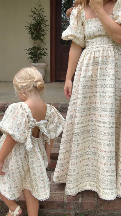 Preview Womens Louise French Linen & Lace Midi Dress | Eden Stripe Natural