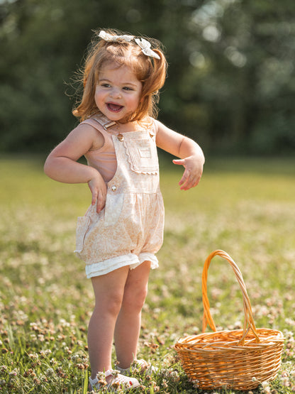 Girls Poppy Lace Shortalls - Peach Garden