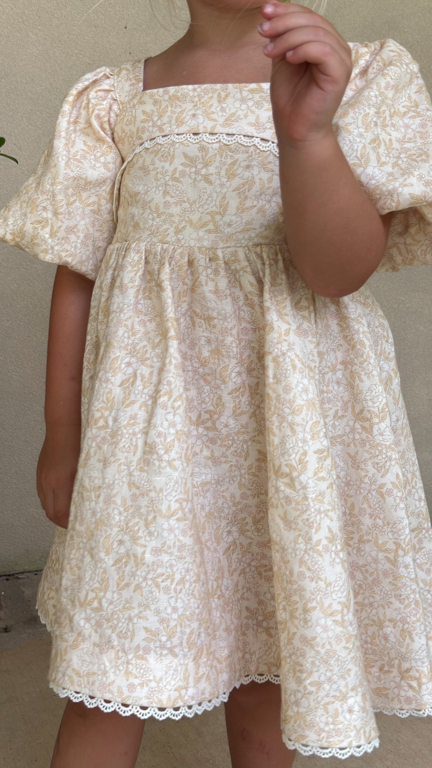 Preview Girls Louise French Linen & Lace Snap Dress | Champagne Garden