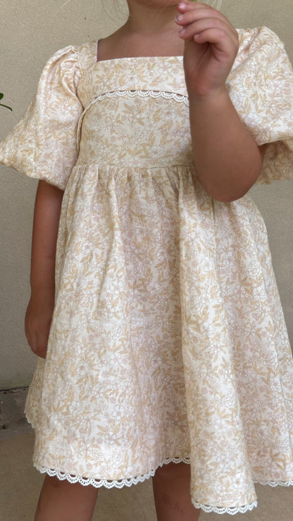 Preview Girls Louise French Linen & Lace Snap Dress | Champagne Garden