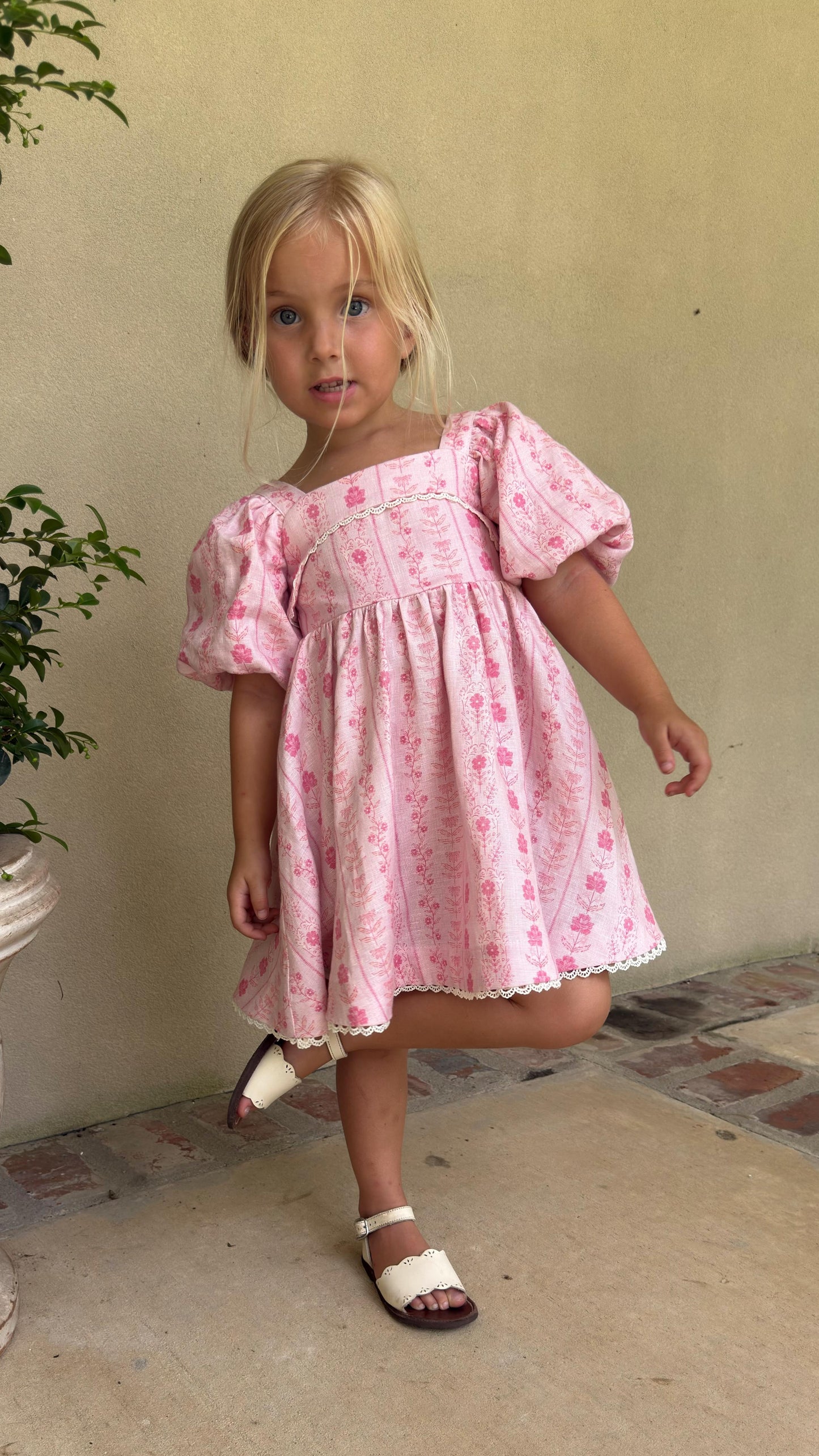 Preview Girls Louise French Linen & Lace Snap Dress | Parfait Pop