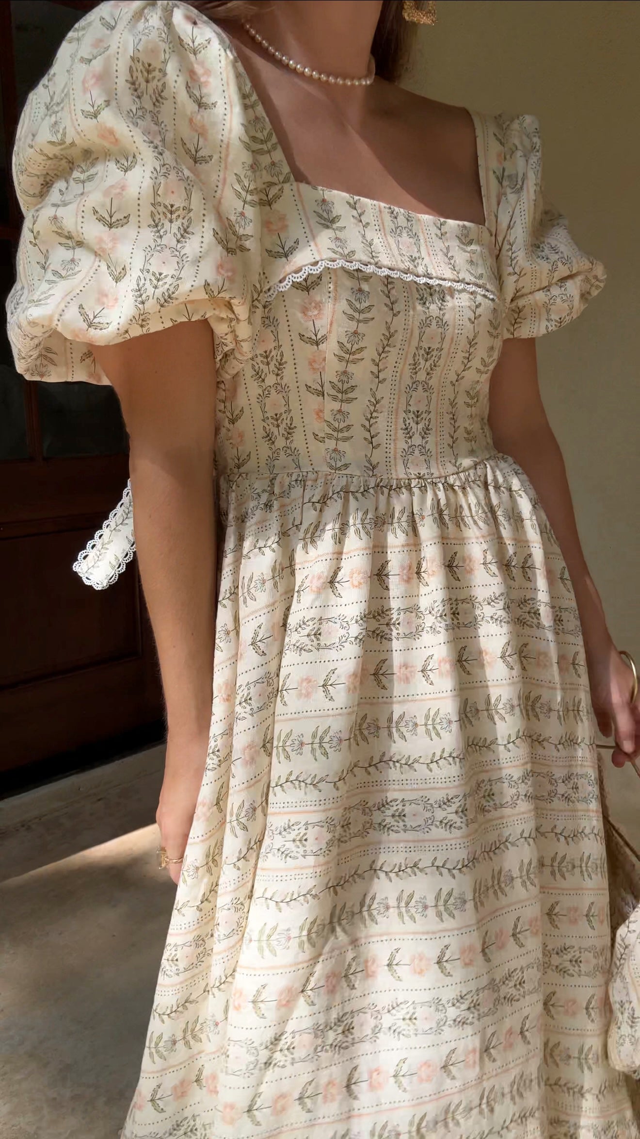 Preview Womens Louise French Linen & Lace Midi Dress | Eden Stripe Natural