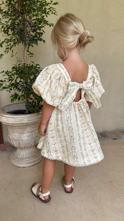 Preview Girls Louise French Linen & Lace Snap Dress | Eden Stripe Natural