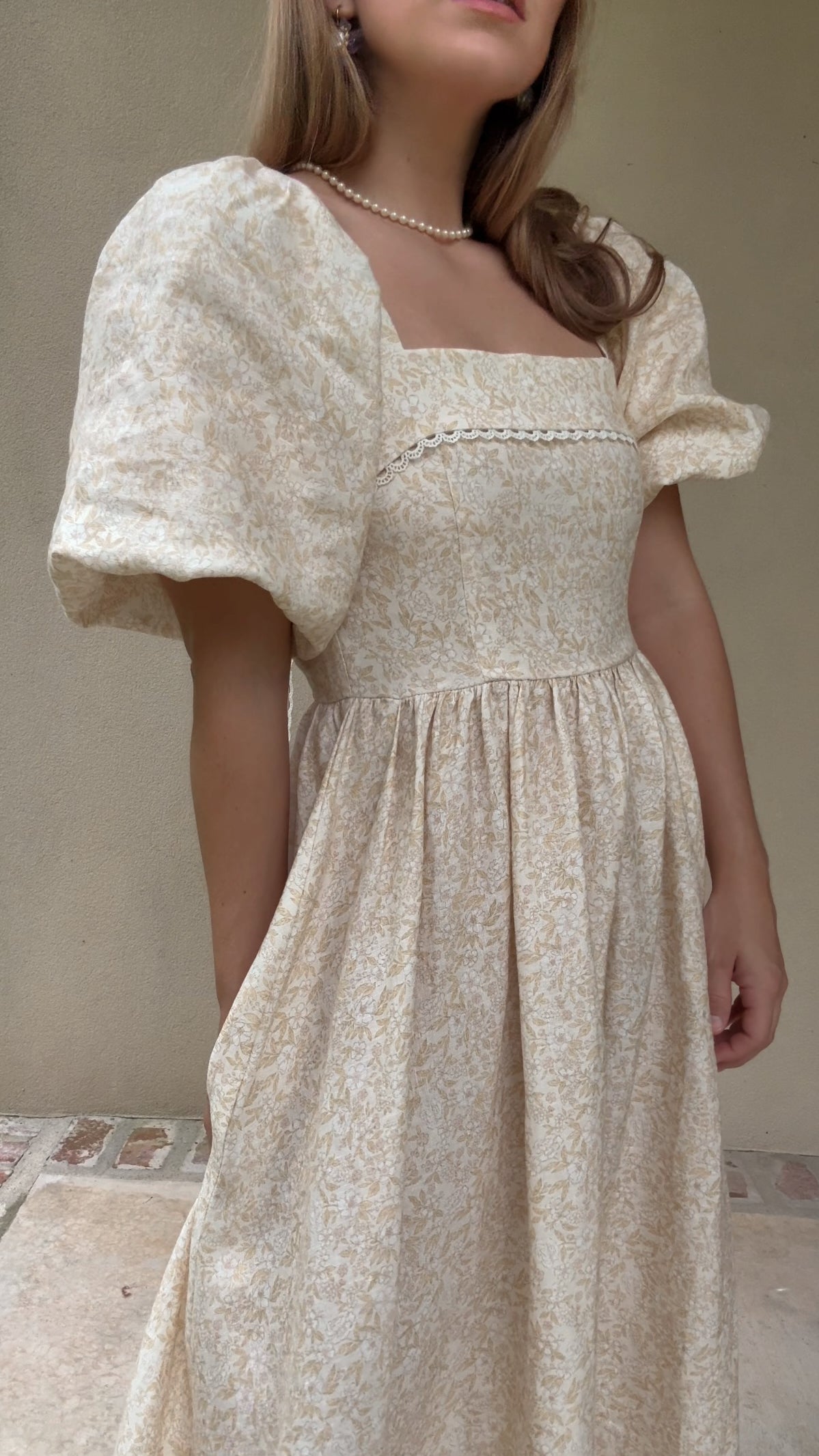 Preview Womens Louise French Linen & Lace Midi Dress | Champagne Garden