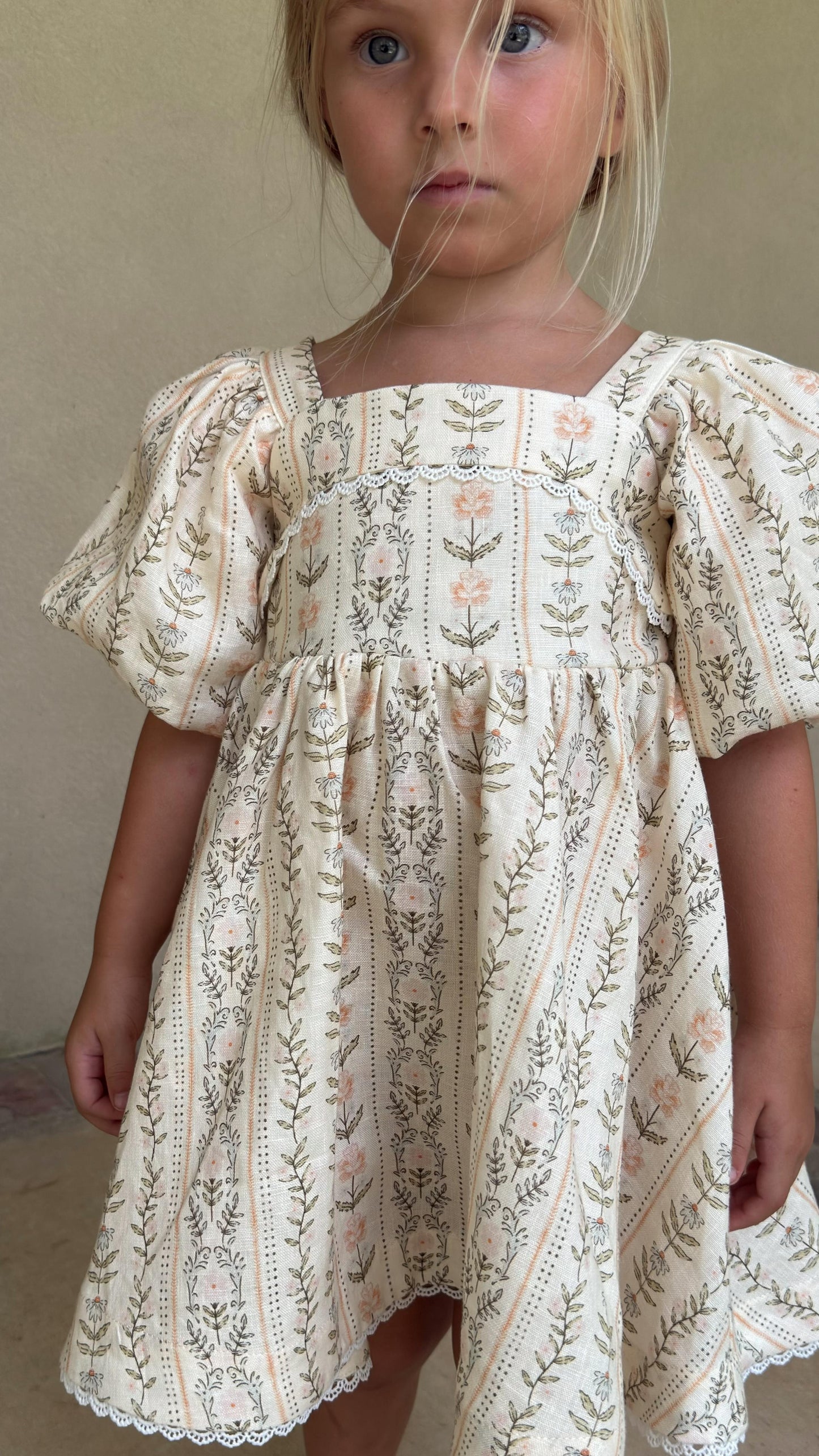 Preview Girls Louise French Linen & Lace Snap Dress | Eden Stripe Natural