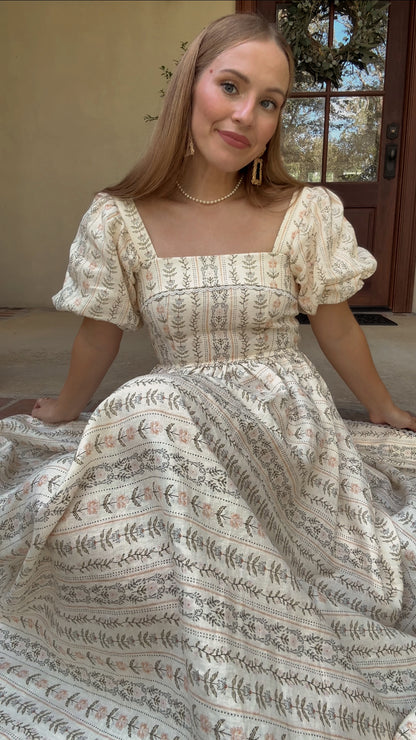 Preview Womens Louise French Linen & Lace Midi Dress | Eden Stripe Natural