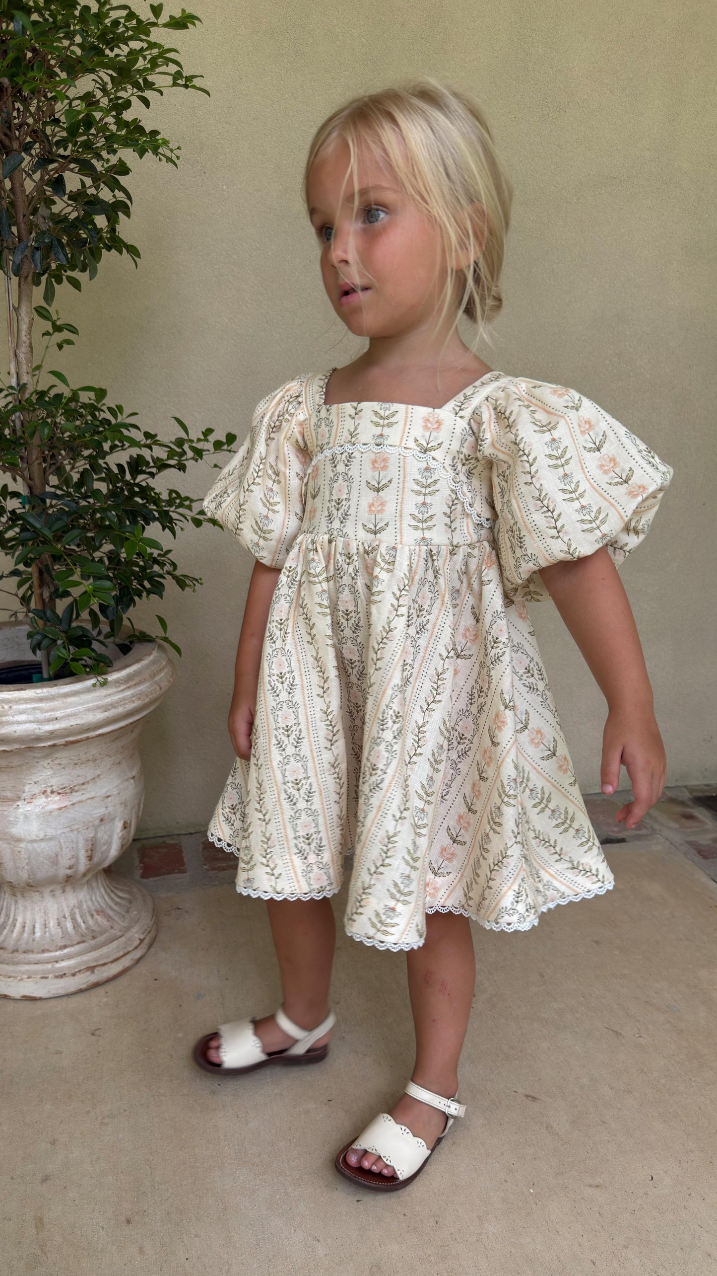 Preview Girls Louise French Linen & Lace Snap Dress | Eden Stripe Natural
