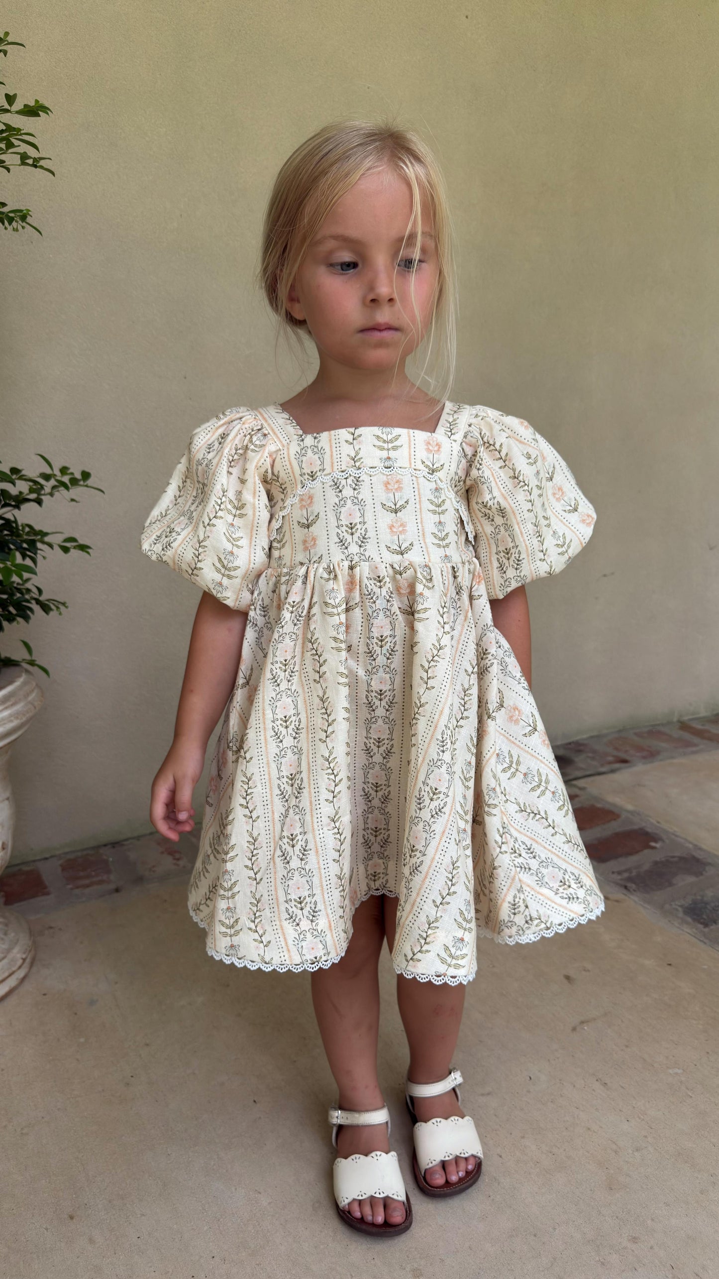 Preview Girls Louise French Linen & Lace Snap Dress | Eden Stripe Natural