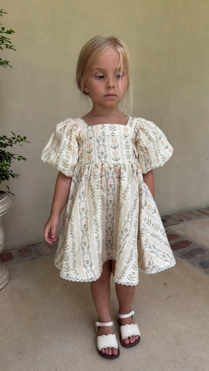 Preview Girls Louise French Linen & Lace Snap Dress | Eden Stripe Natural