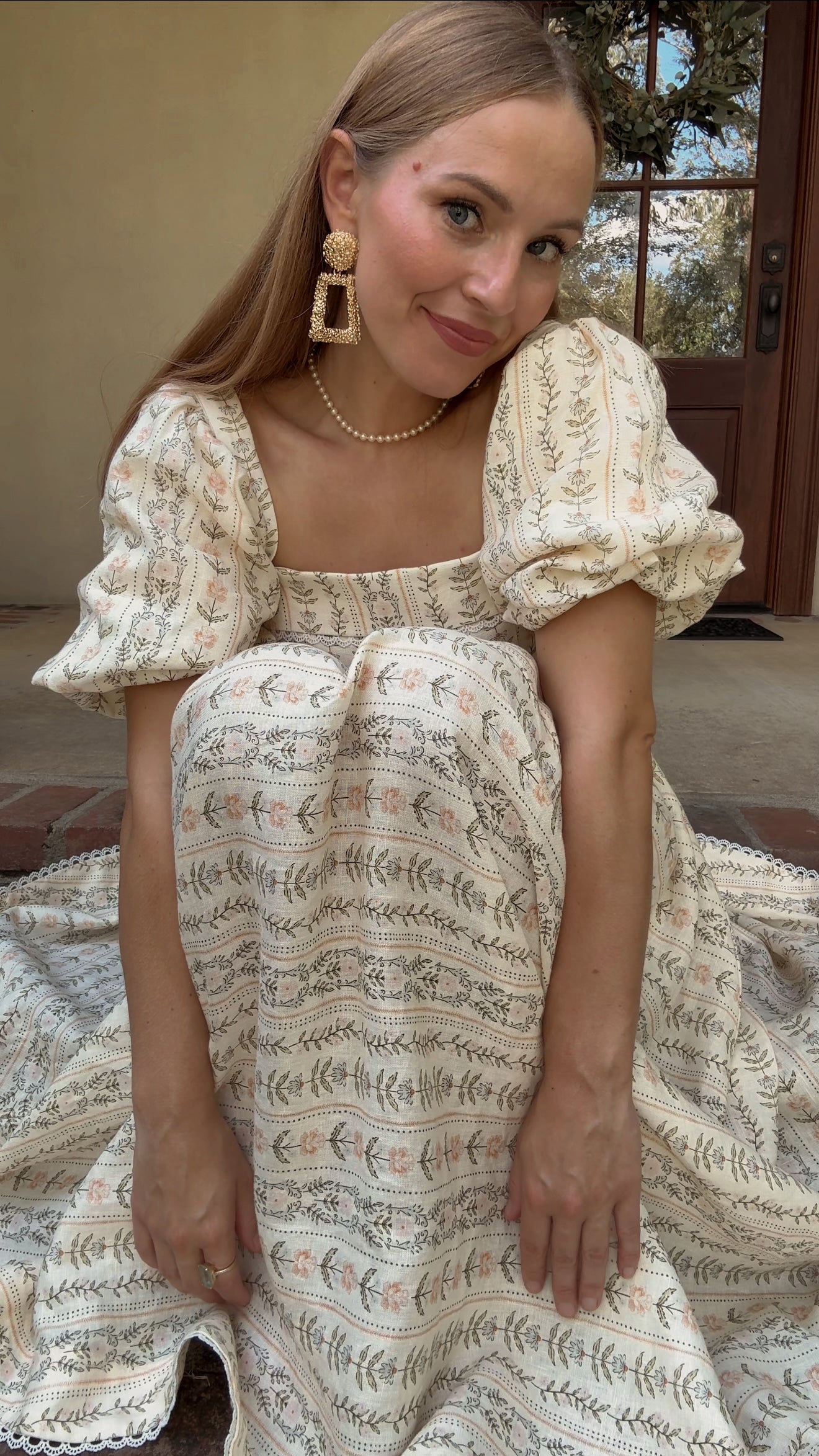 Preview Womens Louise French Linen & Lace Midi Dress | Eden Stripe Natural
