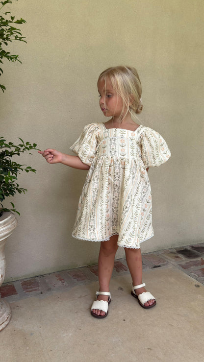 Preview Girls Louise French Linen & Lace Snap Dress | Eden Stripe Natural