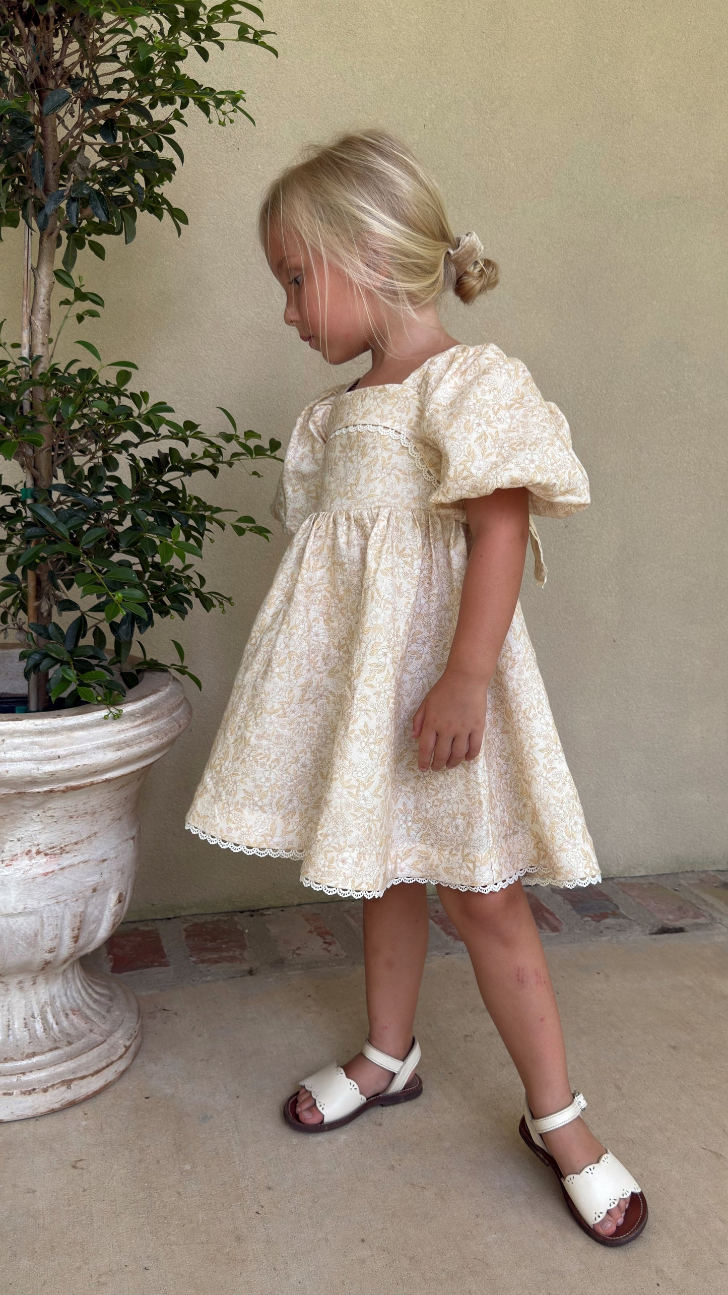 Preview Girls Louise French Linen & Lace Snap Dress | Champagne Garden