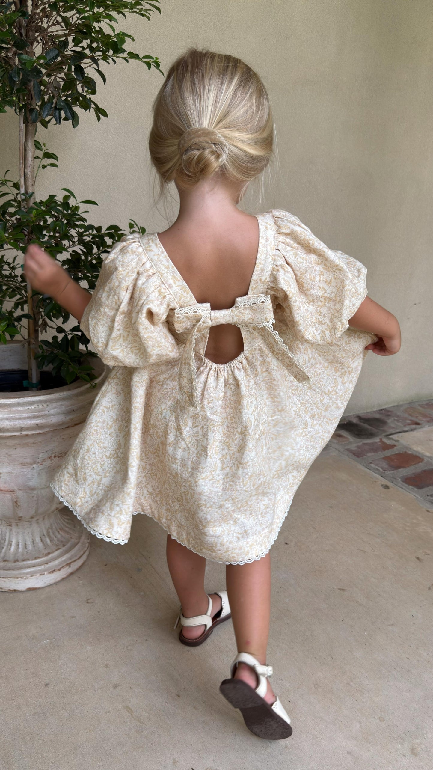 Preview Girls Louise French Linen & Lace Snap Dress | Champagne Garden