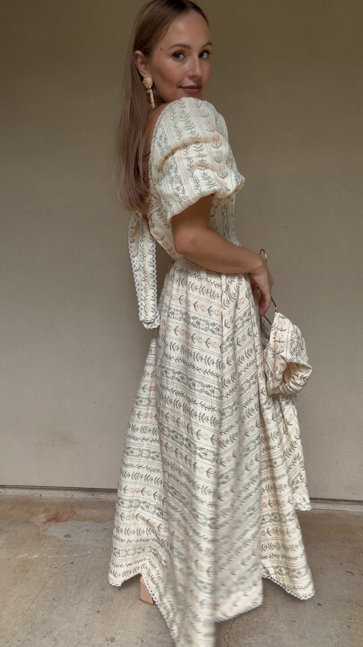 Preview Womens Louise French Linen & Lace Midi Dress | Eden Stripe Natural