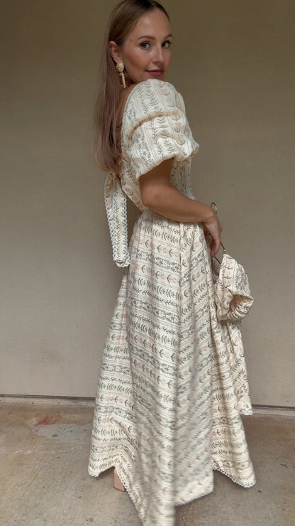 Preview Womens Louise French Linen & Lace Midi Dress | Eden Stripe Natural