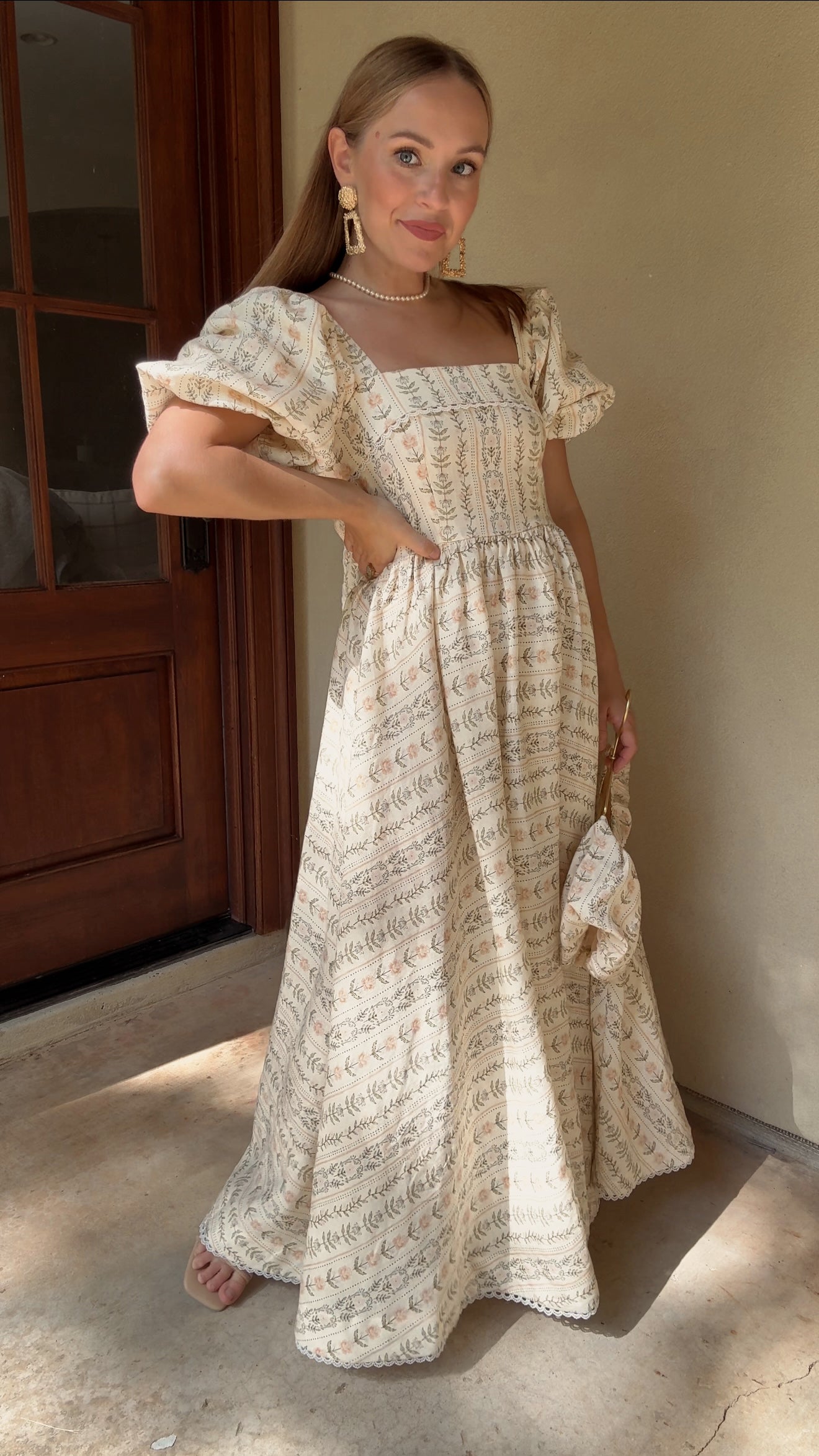Preview Womens Louise French Linen & Lace Midi Dress | Eden Stripe Natural