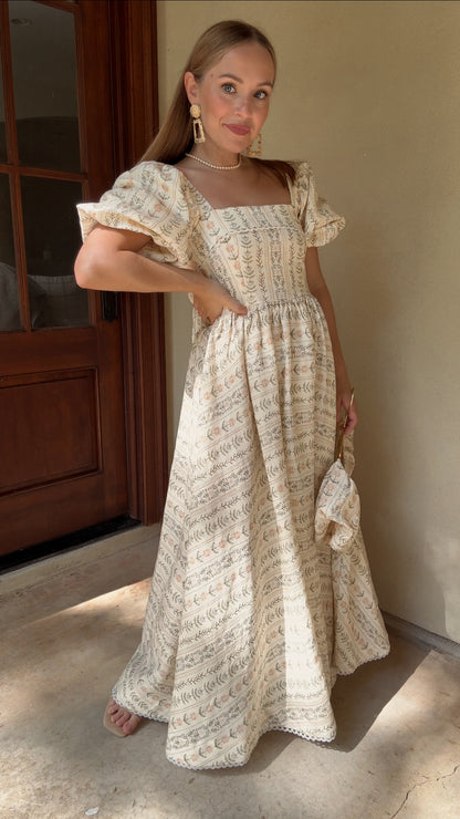 Preview Womens Louise French Linen & Lace Midi Dress | Eden Stripe Natural