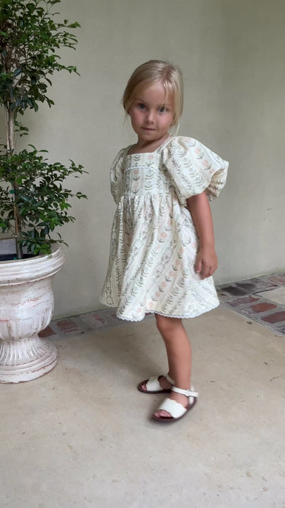 Preview Girls Louise French Linen & Lace Snap Dress | Eden Stripe Natural